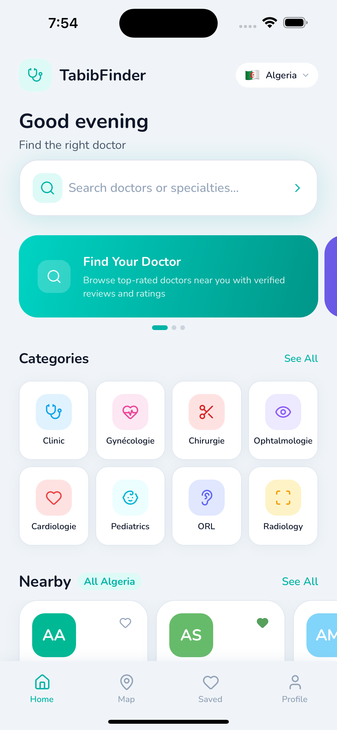TabibFinder app screenshot showing doctor search, categories, and nearby doctors
